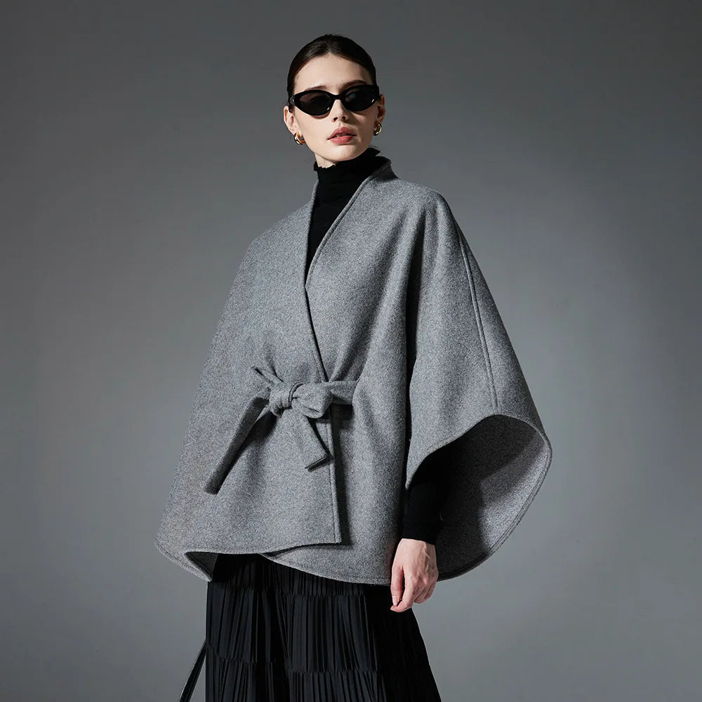 Stylish Designer Double Sides Woolen Cape Coat Women Autumn Winter Belt Loose Slim Surcoat Cloak Elegant Outerwear Versatile