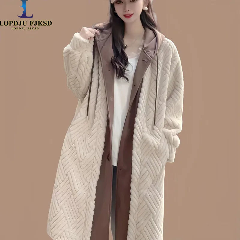 Faux Mink Fur Coat for Women,Single Breasted Long Jacket,Fake Two Items,High Quality,Hooded,Female Clothes,New,Winter