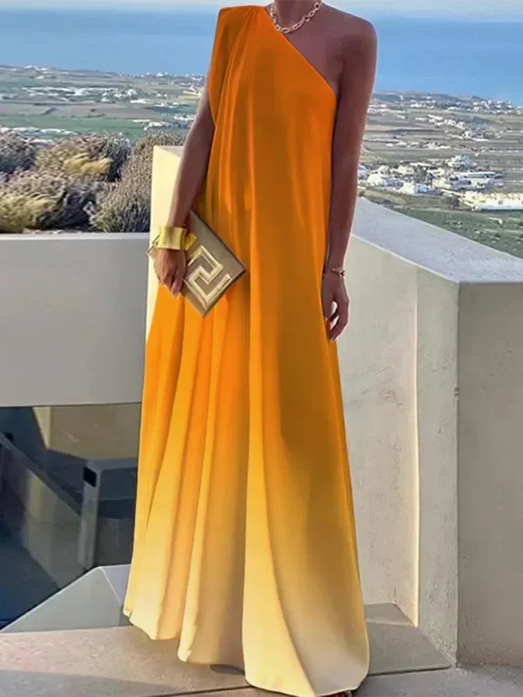 UOOZEE Women's 2025 New Summer One-shoulder Vacation Sundress Fashion Gradient Color Loose Elegant Party Evening Maxi Dresses