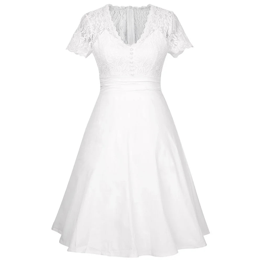 2024 Summer New American Fashion Temperament White Lace Dress Sexy Vintage Stitching V-neck Casual Short-sleeved Party Dresses
