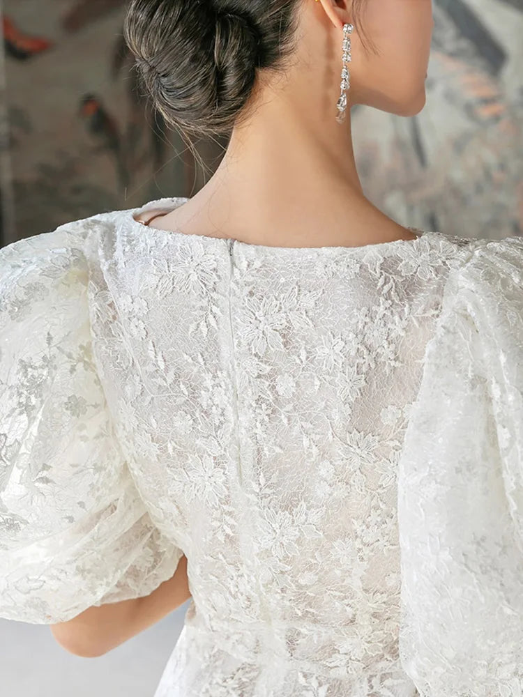 American Retro Dress Summer White Lace Flowers Embroidery O-Neck Lantern Sleeve High Waist Line Elegant Party Dress Women