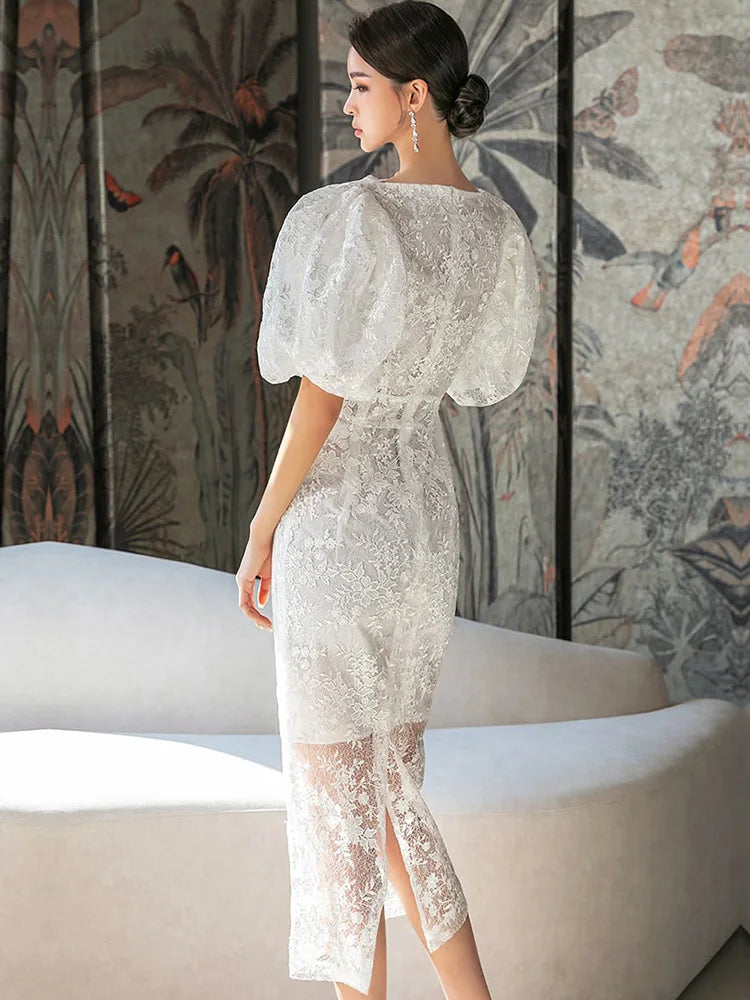 American Retro Dress Summer White Lace Flowers Embroidery O-Neck Lantern Sleeve High Waist Line Elegant Party Dress Women