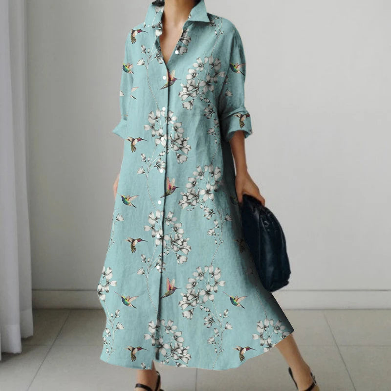 2024 Autumn Women's Retro Floral Print Shirt Dress Women's New Fashion Shirt Women's Loose Casual V-Neck Pocket Dress Streetwear