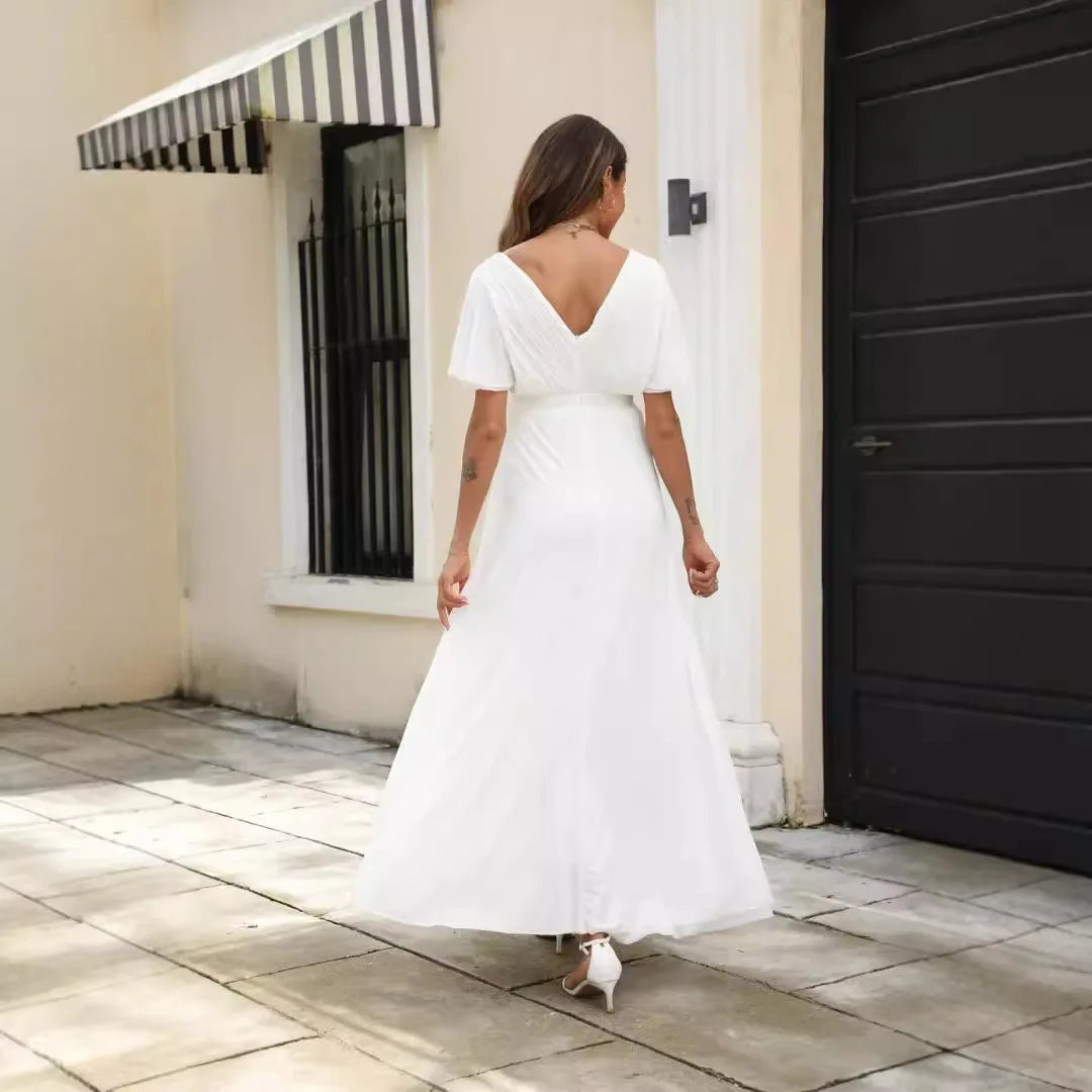 American Fashion Summer V neck Party Dress Maternity Deep V neck Slim Waist Backless Maxi Long White Clothes for Pregnant Women