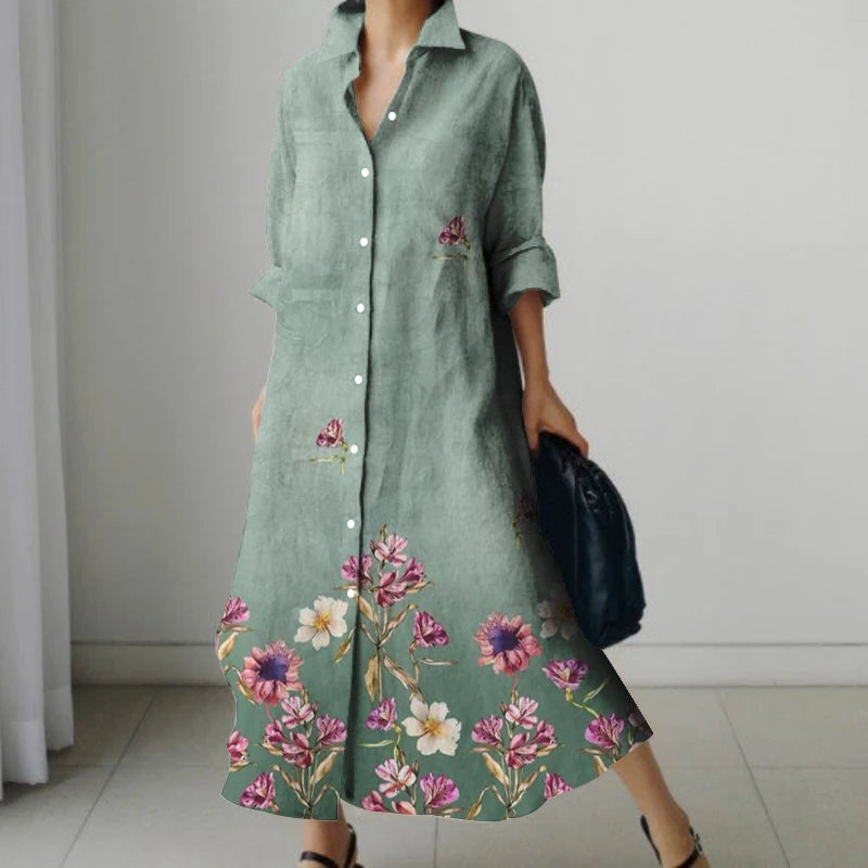2024 Autumn Women's Retro Floral Print Shirt Dress Women's New Fashion Shirt Women's Loose Casual V-Neck Pocket Dress Streetwear