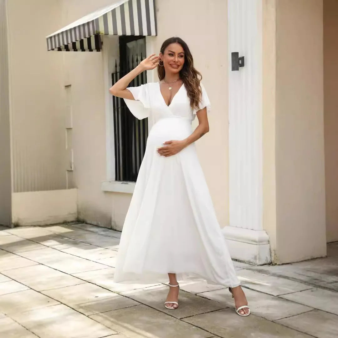 American Fashion Summer V neck Party Dress Maternity Deep V neck Slim Waist Backless Maxi Long White Clothes for Pregnant Women