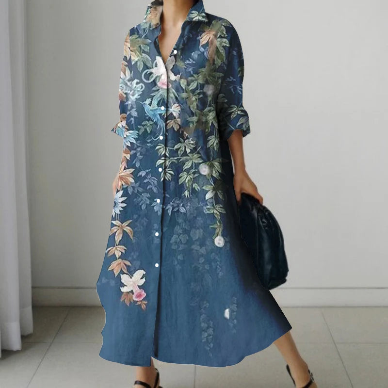 2024 Autumn Women's Retro Floral Print Shirt Dress Women's New Fashion Shirt Women's Loose Casual V-Neck Pocket Dress Streetwear