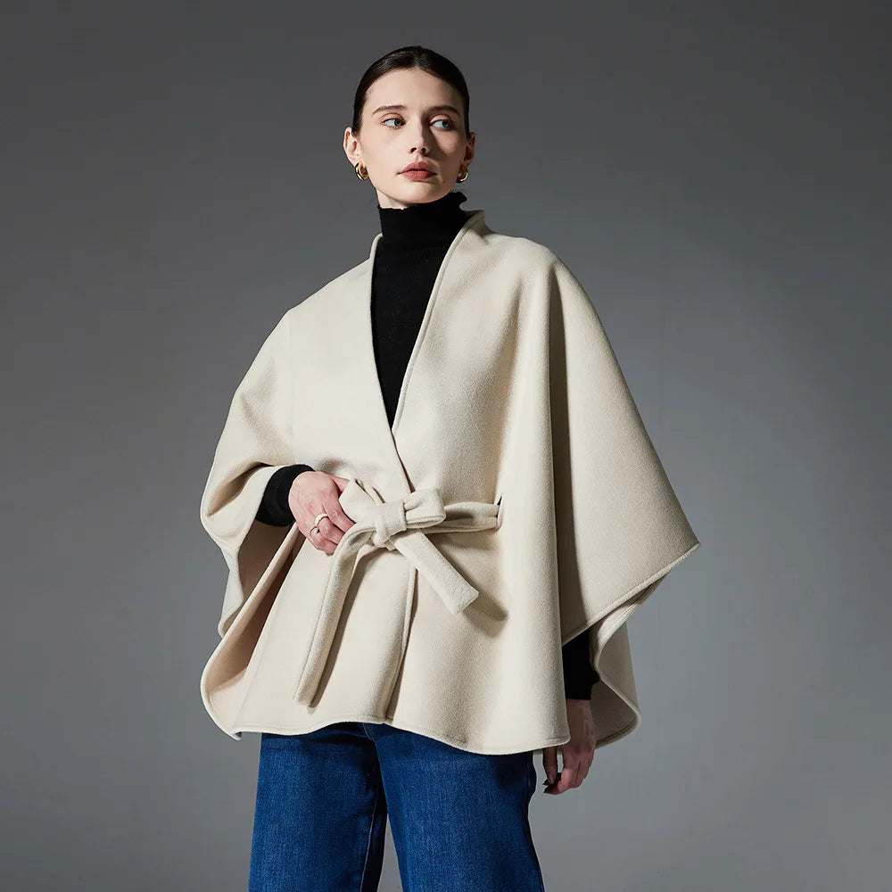 Stylish Designer Double Sides Woolen Cape Coat Women Autumn Winter Belt Loose Slim Surcoat Cloak Elegant Outerwear Versatile
