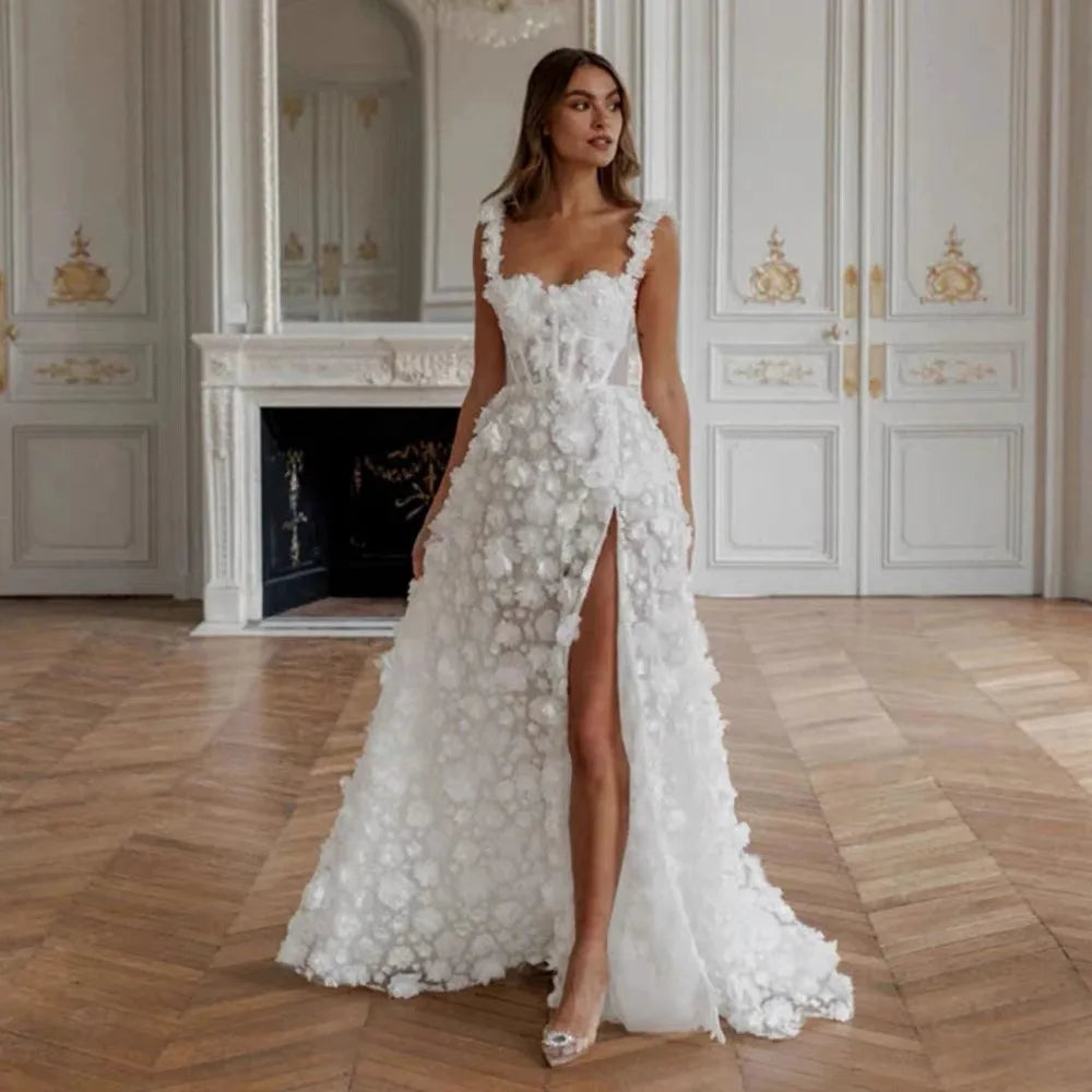 Customized Lace Spaghetti Strap Wedding Dress High Split Appliques Evening Party Dresses robes de soirée Bridal Gown
