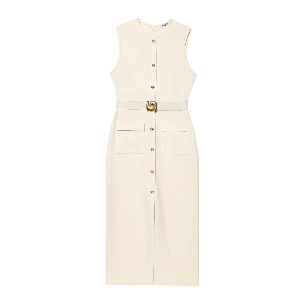 TRAFZA Women Fashion O-Collar Single Breasted Hem Slit Belt Decorate Midi Dress Female Chic Sleeveless Back Zipper Slim Dress