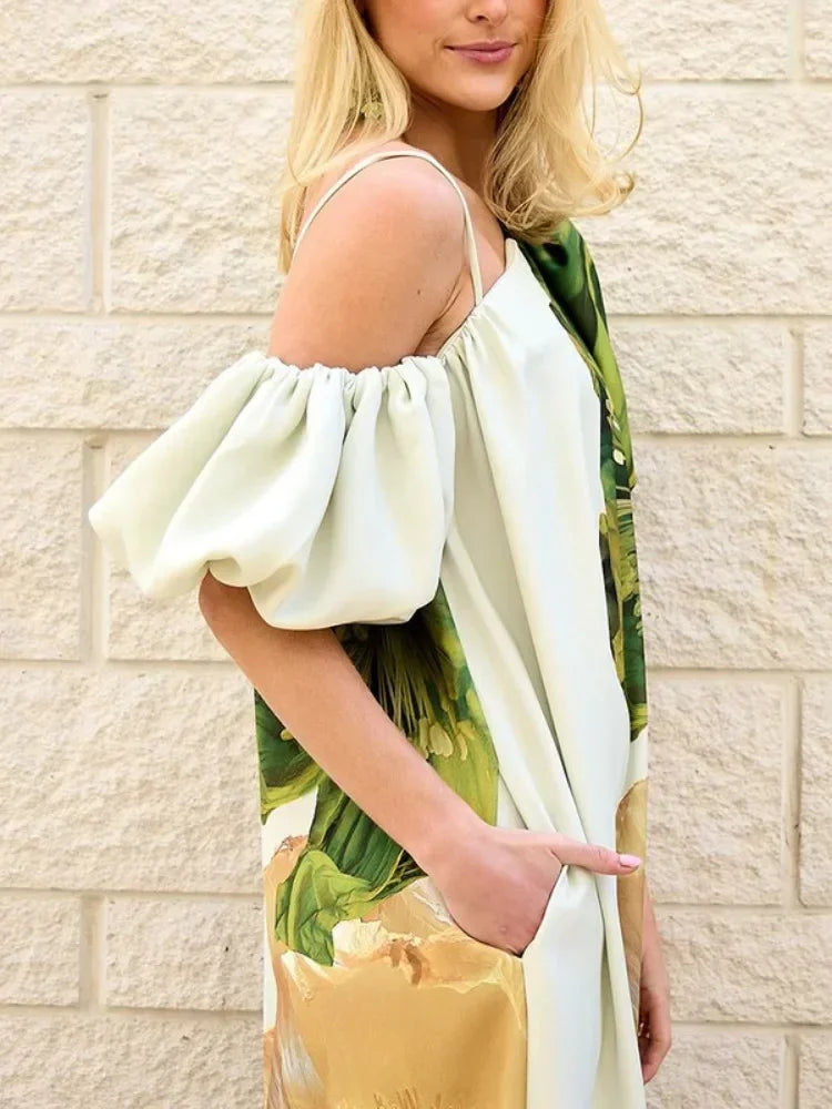 Lemongor Female Stylish Floral Printed Vacation Bohemia Beach Dress One-Shoulder Loose Elegant Party Evening Womens Dresses