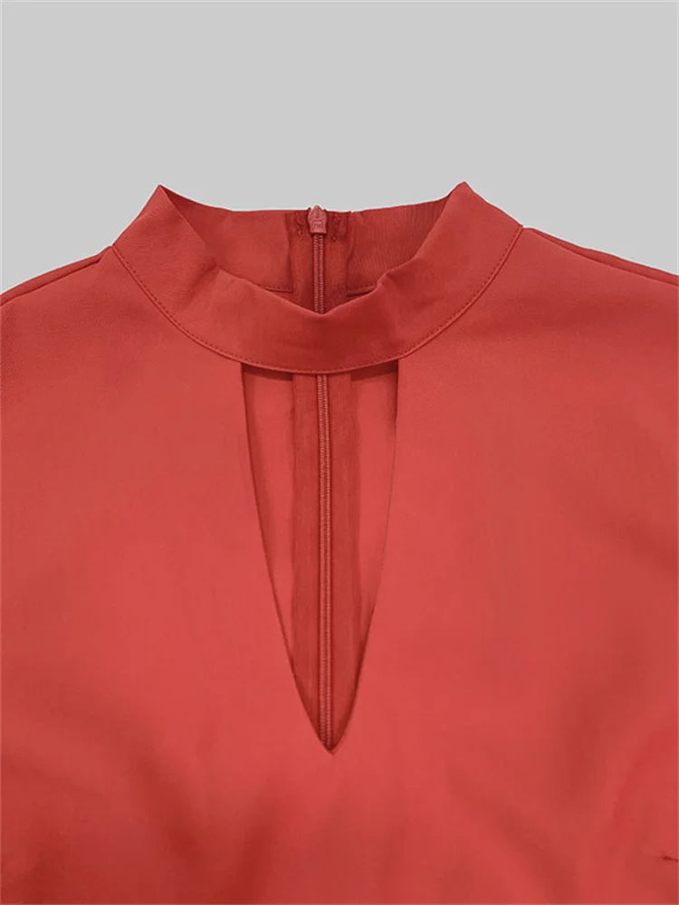 UOOZEE 2025 New Spring Women's Party Evening Maxi Dresses Puff Sleeves Buttoned Stand collar Hollow Elegant Red Banquet Dress