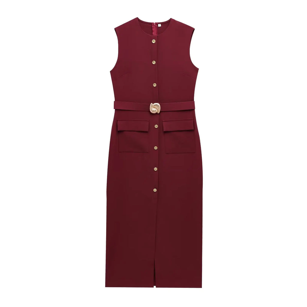 TRAFZA Women Fashion O-Collar Single Breasted Hem Slit Belt Decorate Midi Dress Female Chic Sleeveless Back Zipper Slim Dress