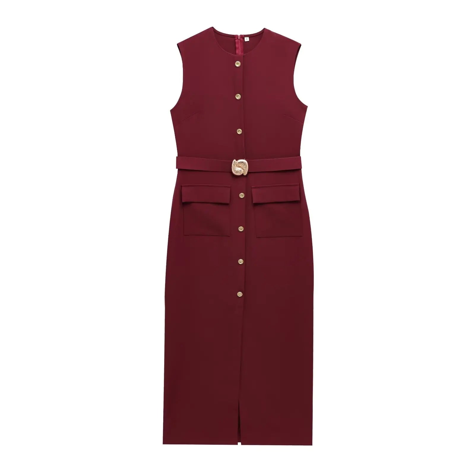 TRAFZA Women Fashion O-Collar Single Breasted Hem Slit Belt Decorate Midi Dress Female Chic Sleeveless Back Zipper Slim Dress
