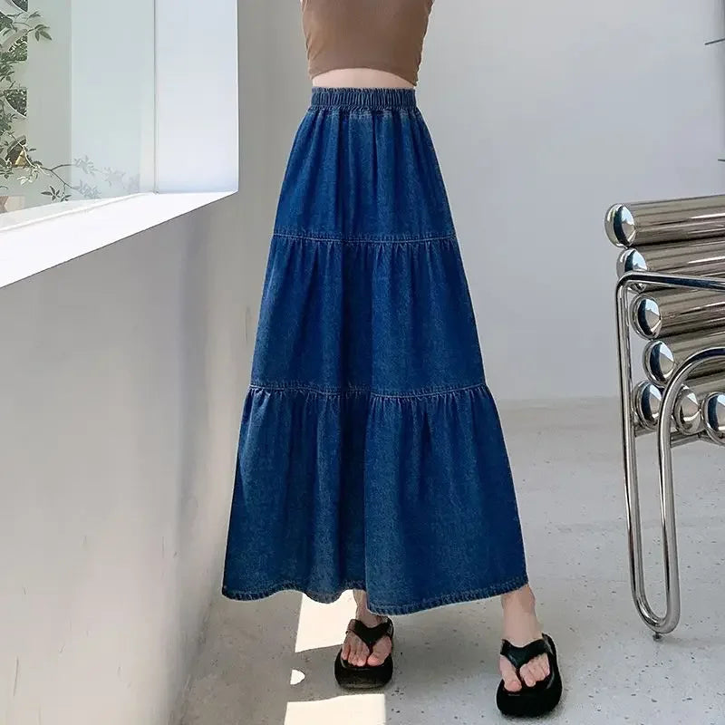 Korean Style Maxi High Waist Jeans Skirts for Women A Line Premium Y2k Vintage Luxury Elegant Aesthetic Casual Woman Denim Skirt