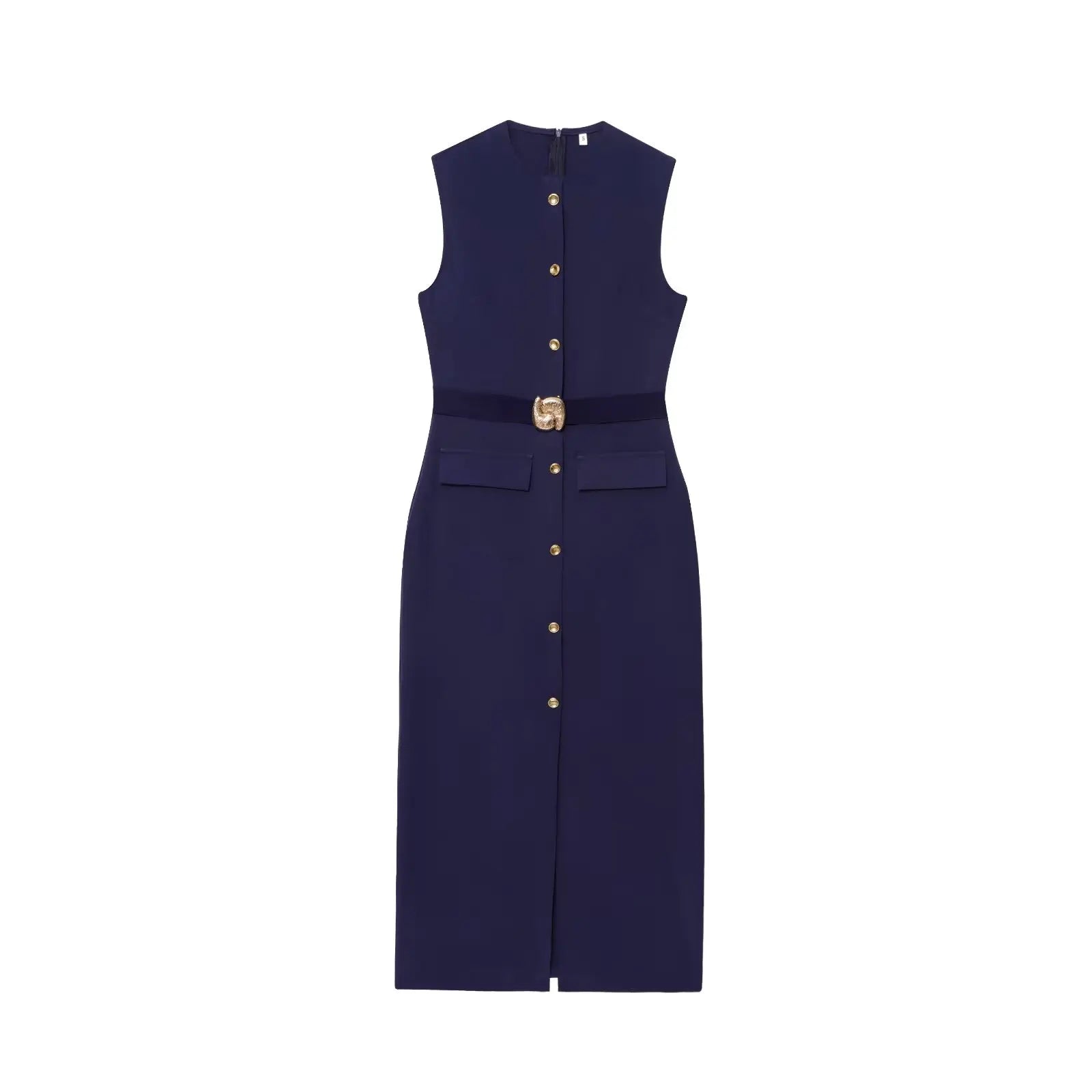 TRAFZA Women Fashion O-Collar Single Breasted Hem Slit Belt Decorate Midi Dress Female Chic Sleeveless Back Zipper Slim Dress