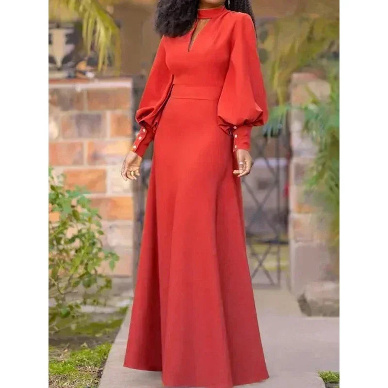 UOOZEE 2025 New Spring Women's Party Evening Maxi Dresses Puff Sleeves Buttoned Stand collar Hollow Elegant Red Banquet Dress