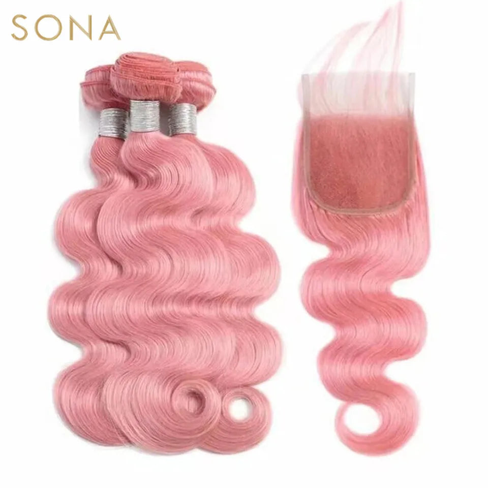 Light Pink Colored Hair Weave Bundles With 4X4  Closure Brazilian Remy Body Wave Pink Hair Extensions Weft For Women 3Pcs/Lot