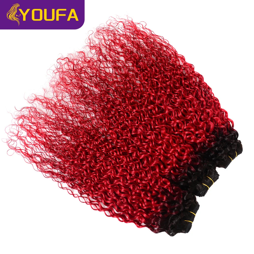 YOUFA Hot Red Curly Human Hair Bundles For Women 1Pc Lot 100% Brazilian Bouncy Curl Ombre 1B Red Human Hair Weave Bundles