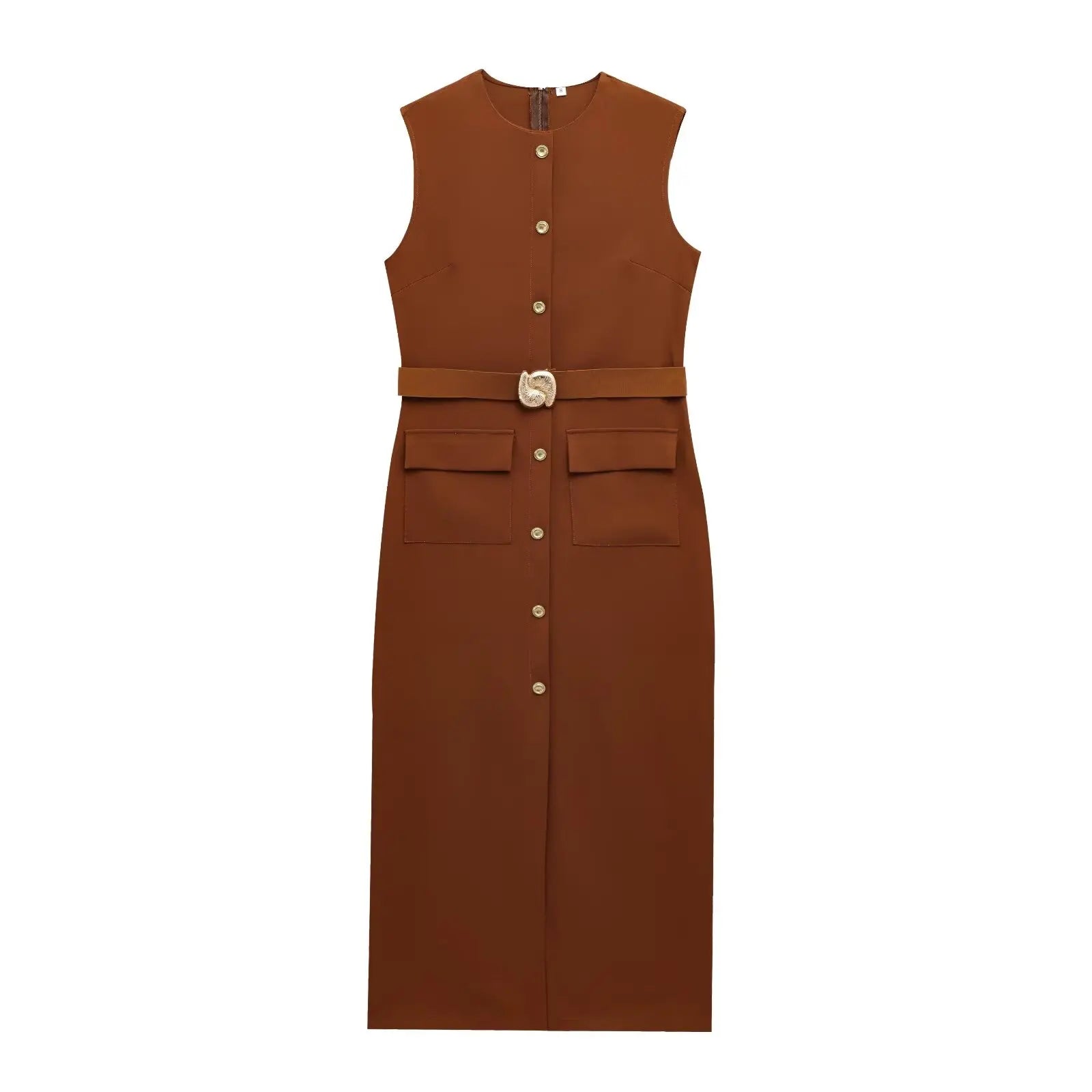 TRAFZA Women Fashion O-Collar Single Breasted Hem Slit Belt Decorate Midi Dress Female Chic Sleeveless Back Zipper Slim Dress