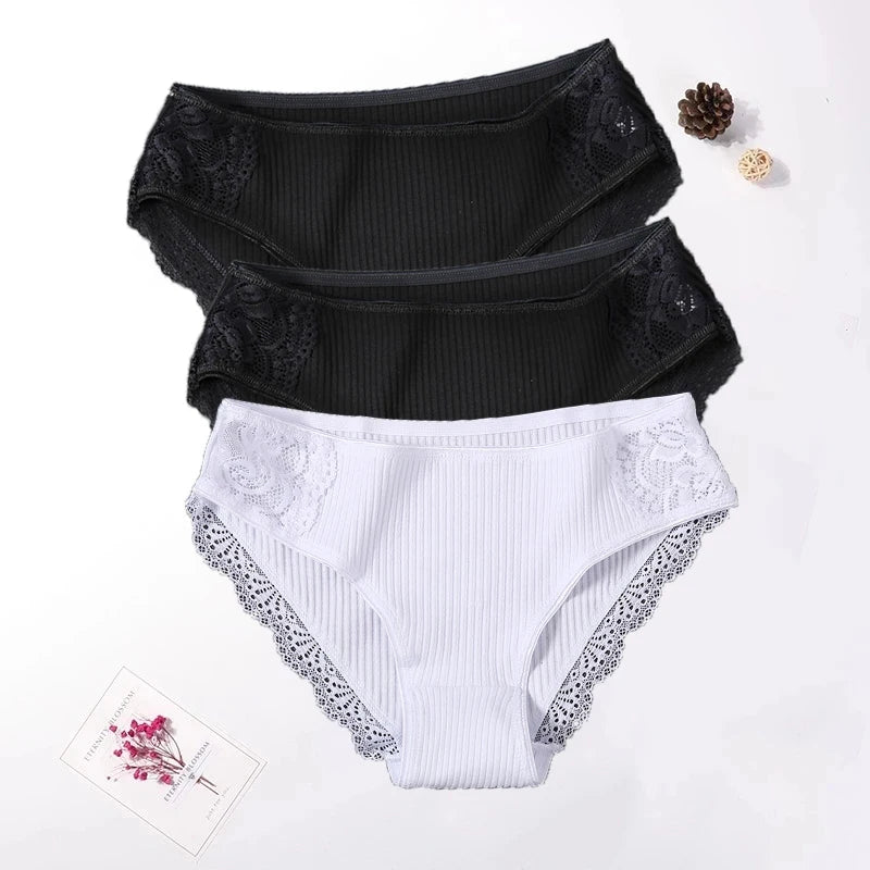 Floral Lace Cotton Women Panties Underwear Women Briefs Comfortable Female Underpants Solid Color Pantys Lingerie M-XXL 3PCS/Set