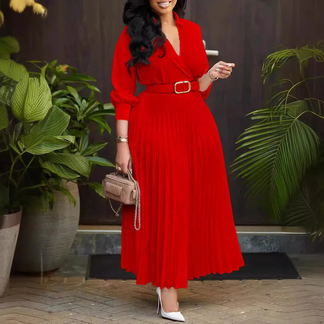 Fall Women Pleated V Neck Long Sleeve Belt Midi Dress Elegant Long Sleeve Belt Red White Evening Party Office Dresses Robe Femne