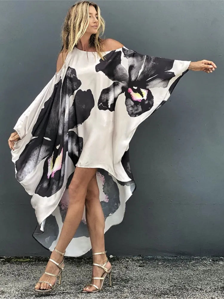 Summer Fashion Printed Midi Dresses Women Sloping Shoulders Loose Casual Beach Vacation Irregular Dress Y2k Party Vestidos Femme