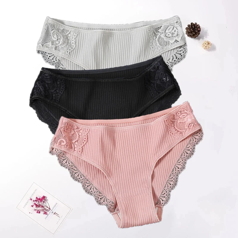 Floral Lace Cotton Women Panties Underwear Women Briefs Comfortable Female Underpants Solid Color Pantys Lingerie M-XXL 3PCS/Set