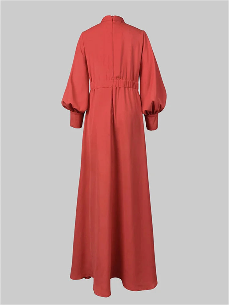 UOOZEE 2025 New Spring Women's Party Evening Maxi Dresses Puff Sleeves Buttoned Stand collar Hollow Elegant Red Banquet Dress