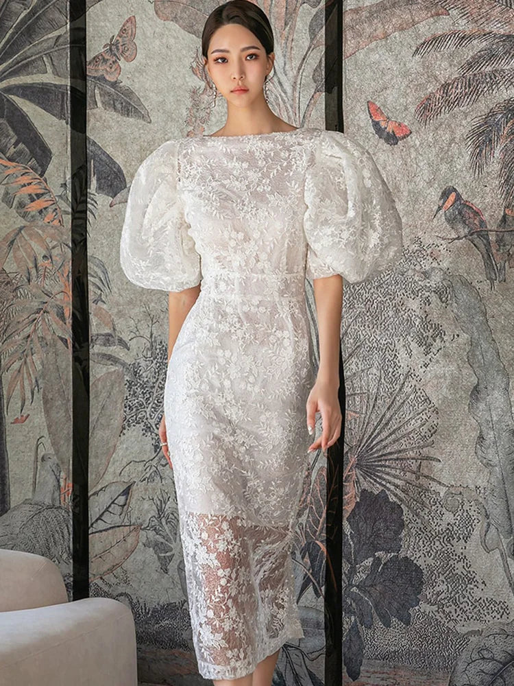 American Retro Dress Summer White Lace Flowers Embroidery O-Neck Lantern Sleeve High Waist Line Elegant Party Dress Women
