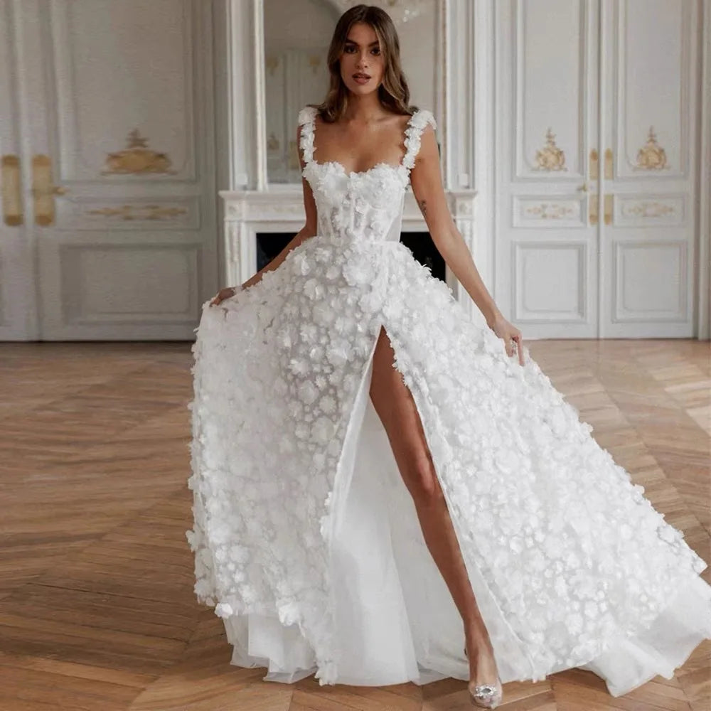 Customized Lace Spaghetti Strap Wedding Dress High Split Appliques Evening Party Dresses robes de soirée Bridal Gown