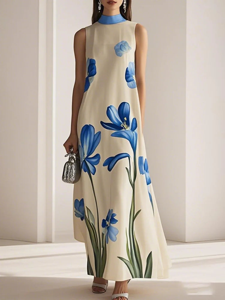 Yeezzi Women's Elegant Flower Printed Stand Collar A-line Dress 2025 New Summer Sleeveless Vintage Party Evening Maxi Dresses