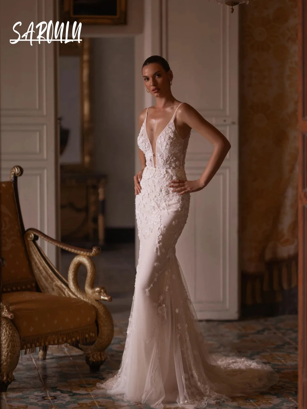 Sexy Deep V-neck Bride Robe Luxury Beading Appliques Bridal Dresses Classic Floor-length Wedding Dress Vestidos De Novia