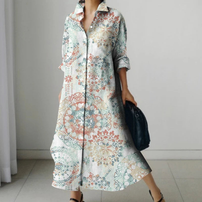 2024 Autumn Women's Retro Floral Print Shirt Dress Women's New Fashion Shirt Women's Loose Casual V-Neck Pocket Dress Streetwear