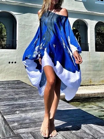 Summer Fashion Printed Midi Dresses Women Sloping Shoulders Loose Casual Beach Vacation Irregular Dress Y2k Party Vestidos Femme