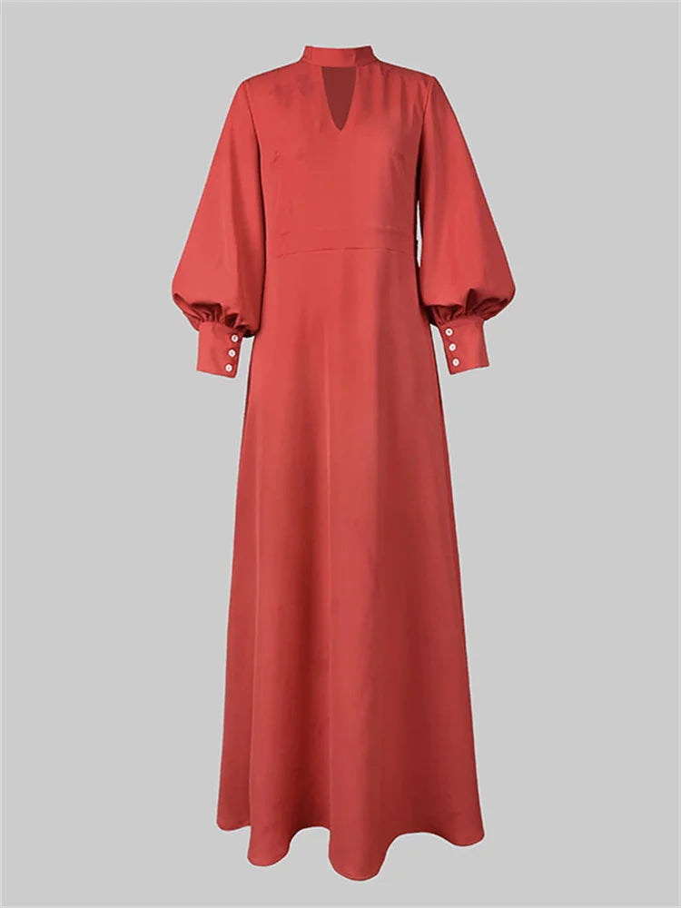 UOOZEE 2025 New Spring Women's Party Evening Maxi Dresses Puff Sleeves Buttoned Stand collar Hollow Elegant Red Banquet Dress