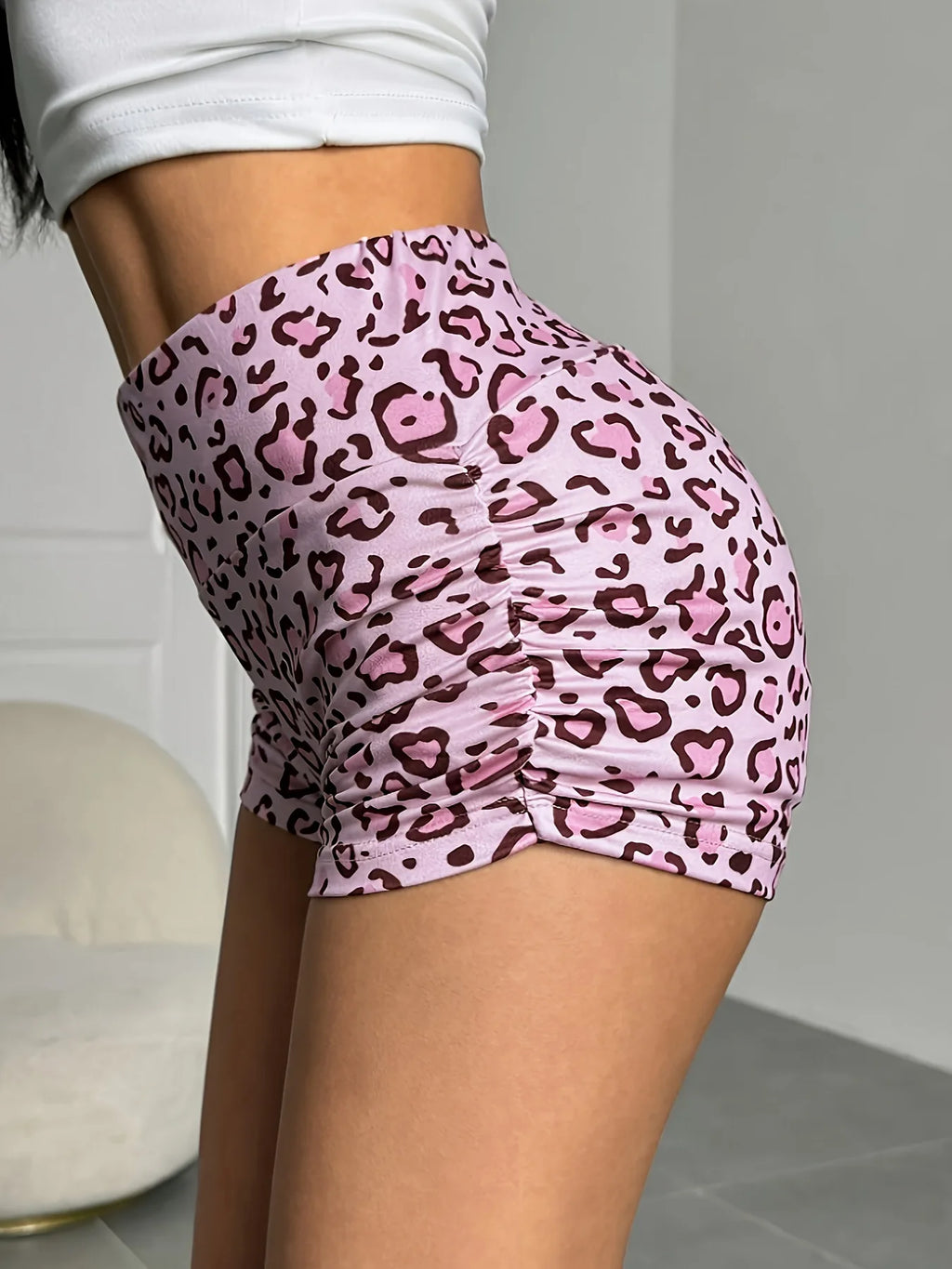 Pink leopard print shorts casual high waist slimming sexy sports shorts for women