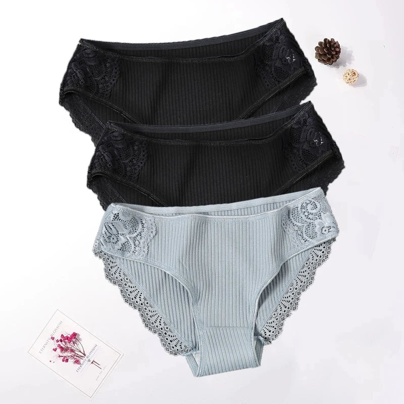 Floral Lace Cotton Women Panties Underwear Women Briefs Comfortable Female Underpants Solid Color Pantys Lingerie M-XXL 3PCS/Set
