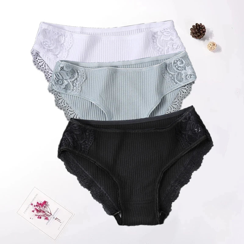 Floral Lace Cotton Women Panties Underwear Women Briefs Comfortable Female Underpants Solid Color Pantys Lingerie M-XXL 3PCS/Set