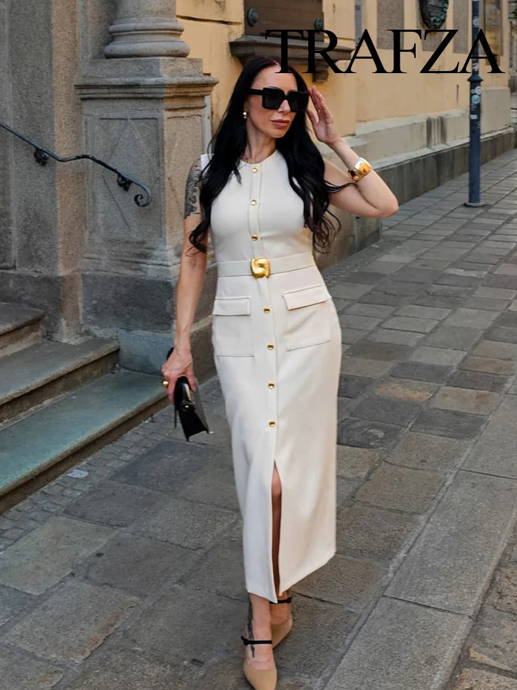 TRAFZA Women Fashion O-Collar Single Breasted Hem Slit Belt Decorate Midi Dress Female Chic Sleeveless Back Zipper Slim Dress