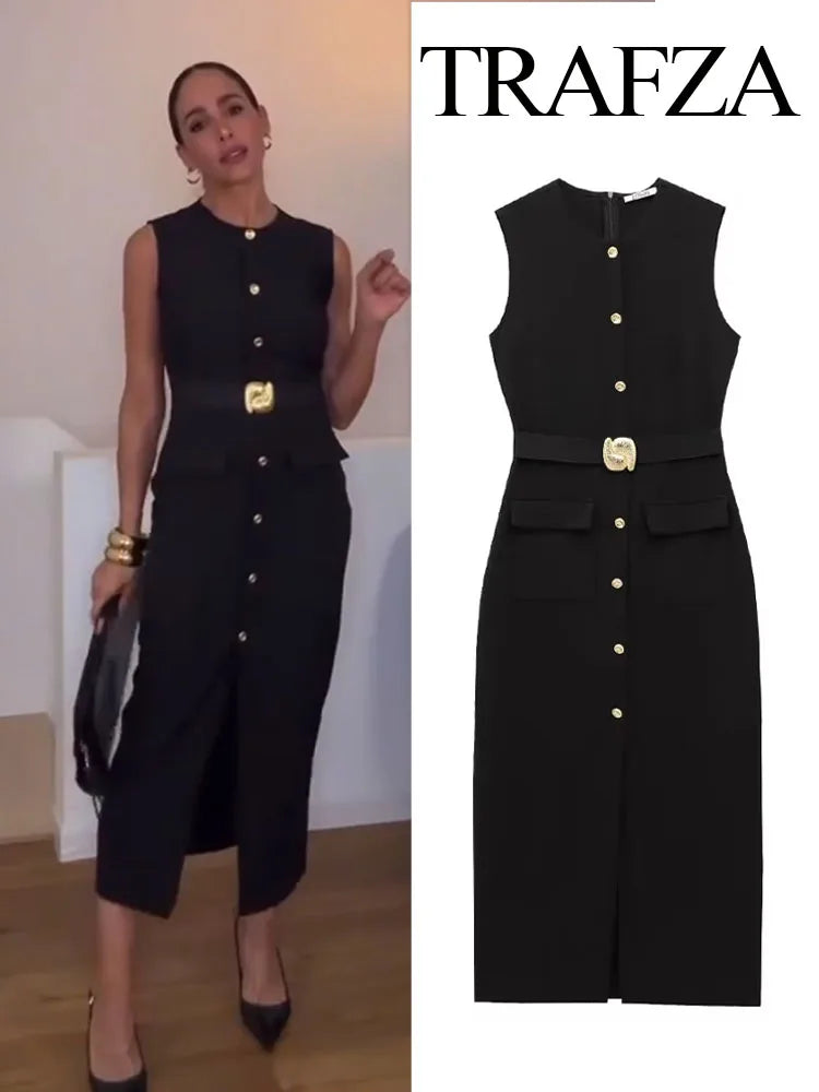 TRAFZA Women Fashion O-Collar Single Breasted Hem Slit Belt Decorate Midi Dress Female Chic Sleeveless Back Zipper Slim Dress