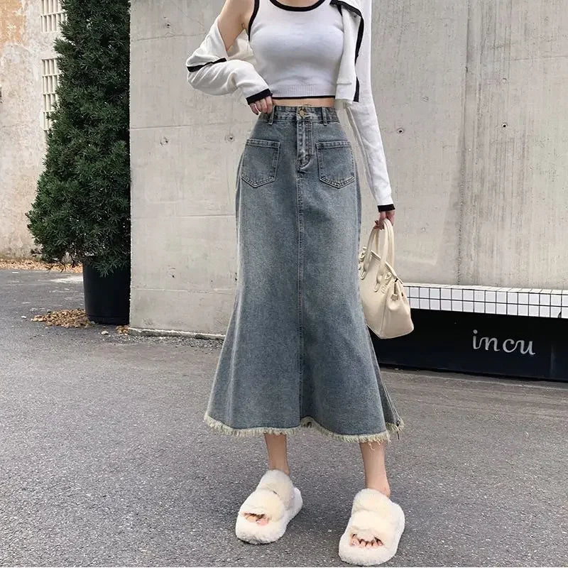 Chic and Elegant Midi With Pocket Woman Denim Skirt Y2k Vintage Streetwear Korean Style Premium Stylish Jeans Skirts for Women