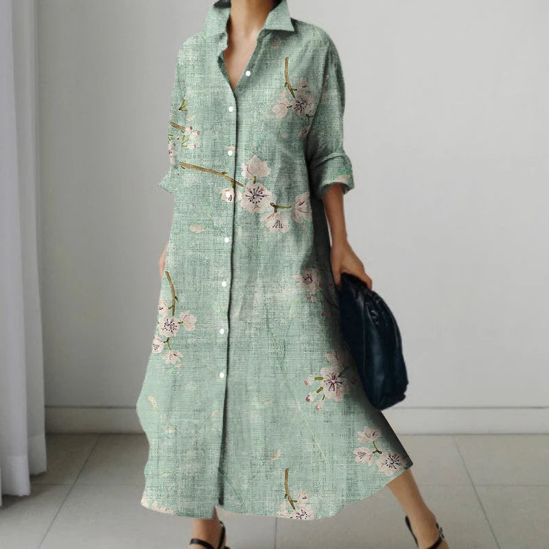 2024 Autumn Women's Retro Floral Print Shirt Dress Women's New Fashion Shirt Women's Loose Casual V-Neck Pocket Dress Streetwear