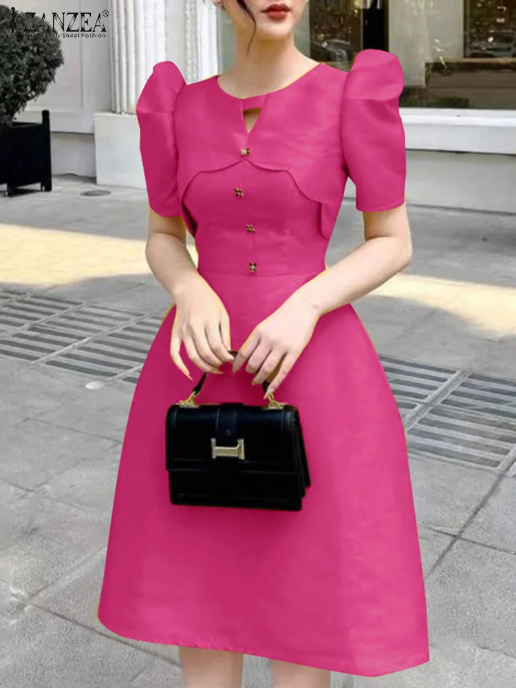 ZANZEA Elegant Party Dress Women Retro Hollow Out Patchwork Knee-Length Sundress 2025 Casual OL Work Robe  A-Line Summer Vestido