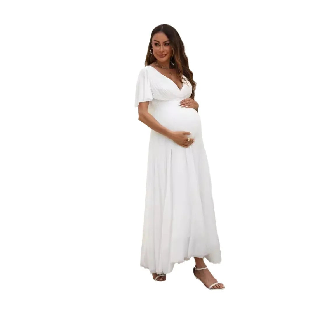 American Fashion Summer V neck Party Dress Maternity Deep V neck Slim Waist Backless Maxi Long White Clothes for Pregnant Women