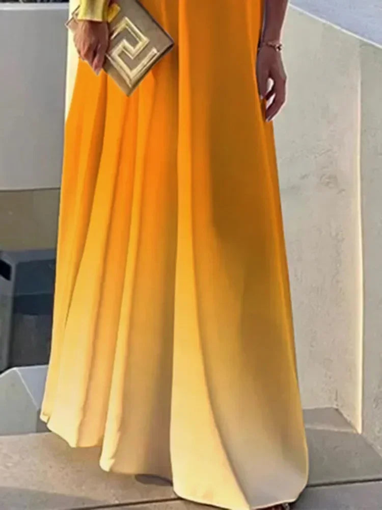 UOOZEE Women's 2025 New Summer One-shoulder Vacation Sundress Fashion Gradient Color Loose Elegant Party Evening Maxi Dresses
