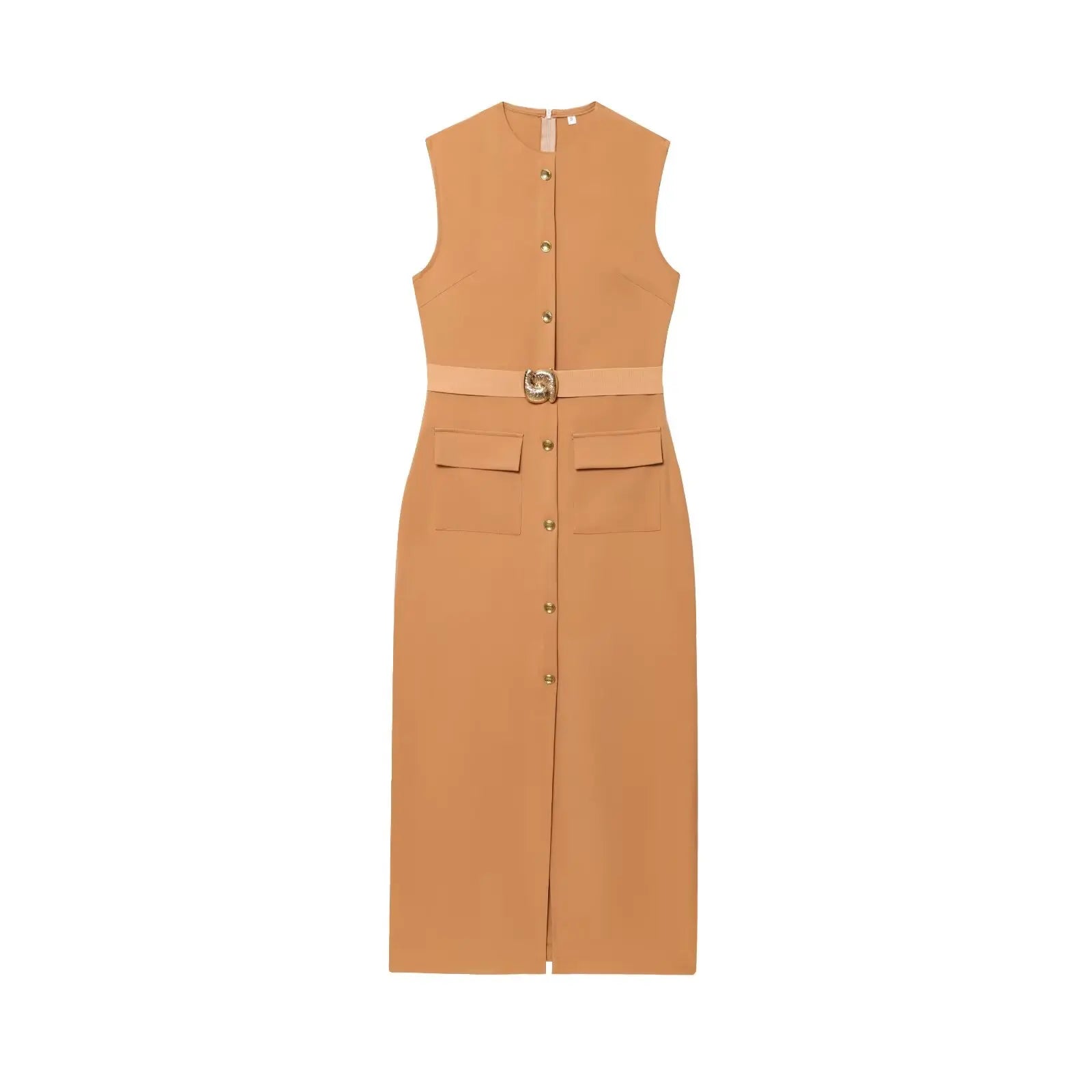 TRAFZA Women Fashion O-Collar Single Breasted Hem Slit Belt Decorate Midi Dress Female Chic Sleeveless Back Zipper Slim Dress