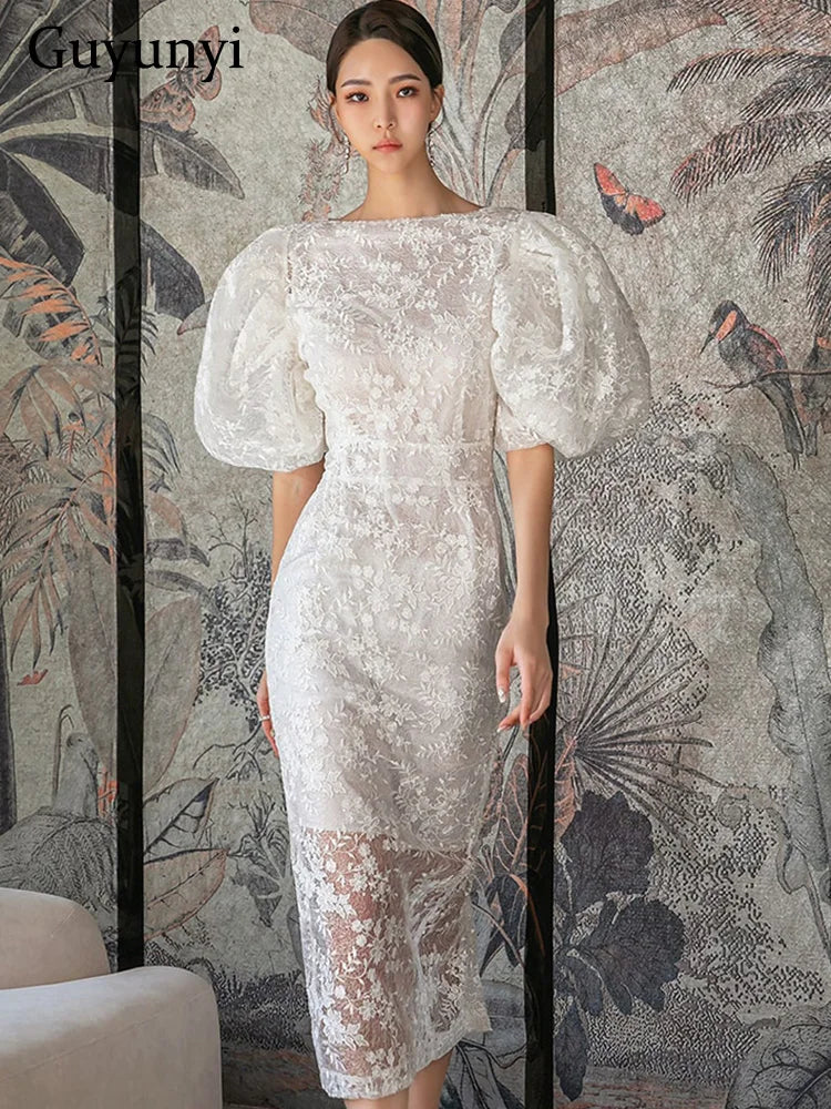 American Retro Dress Summer White Lace Flowers Embroidery O-Neck Lantern Sleeve High Waist Line Elegant Party Dress Women