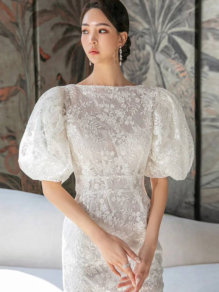 American Retro Dress Summer White Lace Flowers Embroidery O-Neck Lantern Sleeve High Waist Line Elegant Party Dress Women