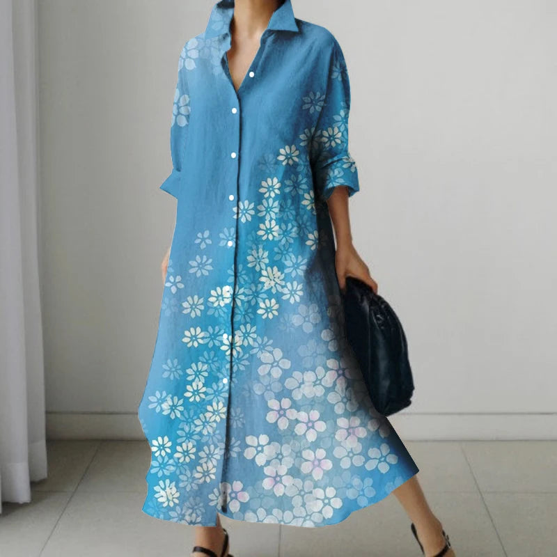 2024 Autumn Women's Retro Floral Print Shirt Dress Women's New Fashion Shirt Women's Loose Casual V-Neck Pocket Dress Streetwear